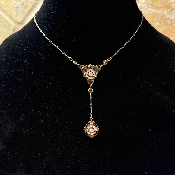 Kenny Ma of San Francisco Jewelry - Kenny Ma Ornate Drop Necklace Dark Brass Patina with Clear Crystal Stones